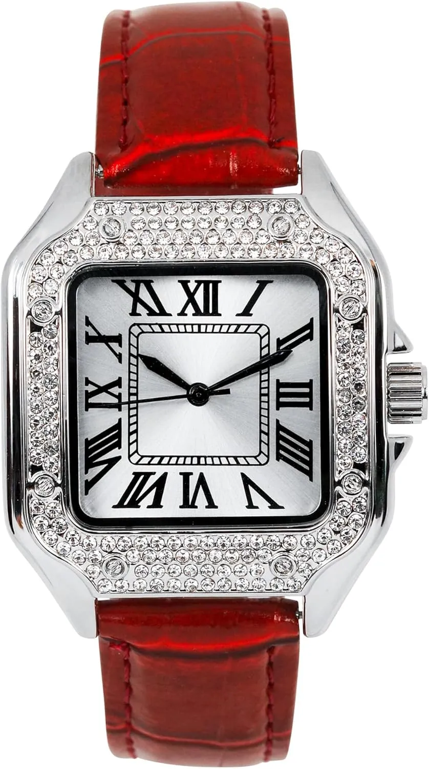 Luxury Hip-Hop chorus prairies scarcely Style Techno Pave Men's 32mm Iced Out Leather Band Watch �C Square Shape, Sleek Roman Dial, 