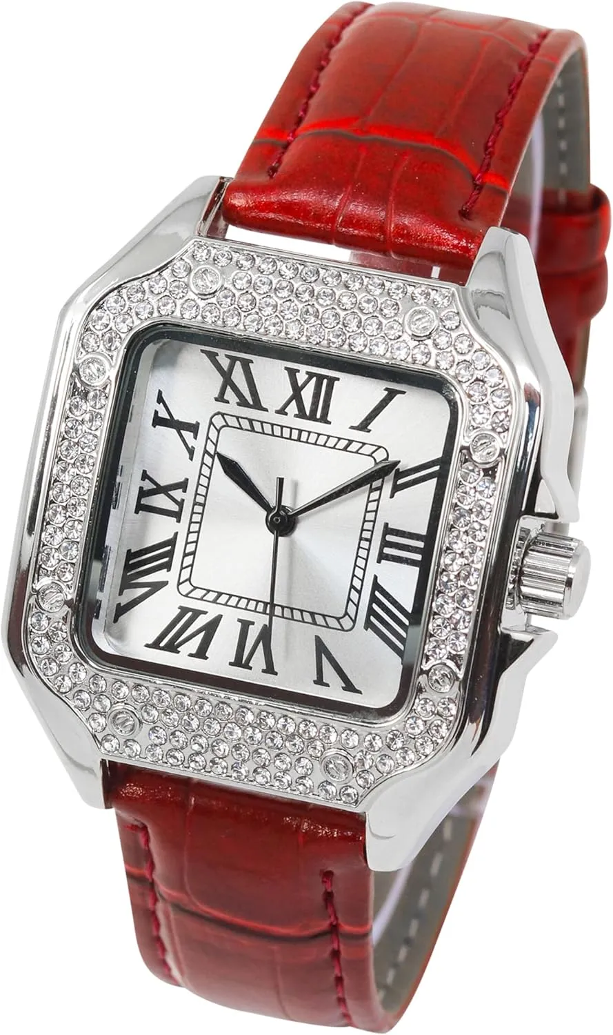 Luxury Hip-Hop chorus prairies scarcely Style Techno Pave Men's 32mm Iced Out Leather Band Watch �C Square Shape, Sleek Roman Dial, 