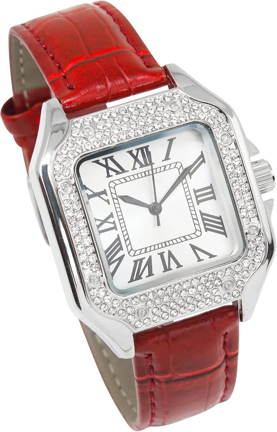 Luxury Hip-Hop chorus prairies scarcely Style Techno Pave Men's 32mm Iced Out Leather Band Watch �C Square Shape, Sleek Roman Dial, 