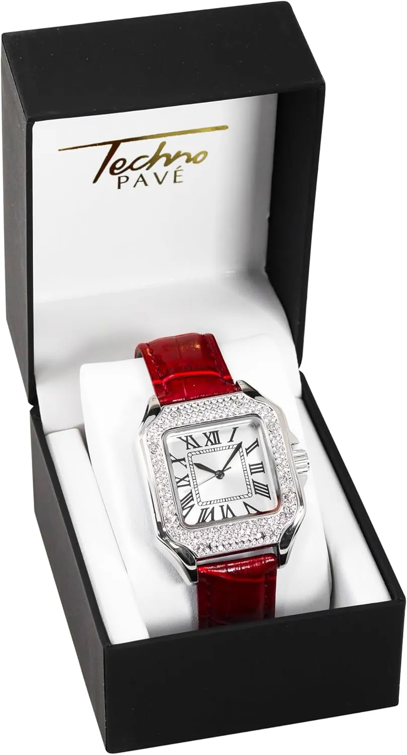 Luxury Hip-Hop chorus prairies scarcely Style Techno Pave Men's 32mm Iced Out Leather Band Watch �C Square Shape, Sleek Roman Dial, 