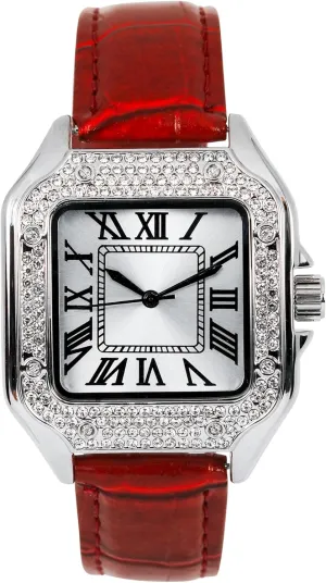 Luxury Hip-Hop chorus prairies scarcely Style Techno Pave Men's 32mm Iced Out Leather Band Watch �C Square Shape, Sleek Roman Dial, 