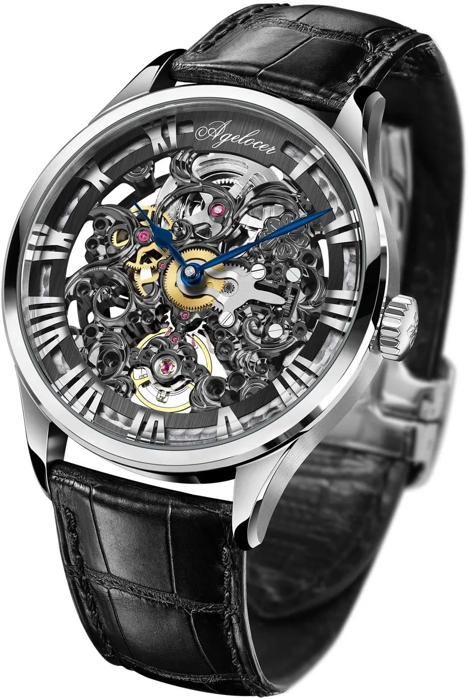 Luxury Leather Strap Watch AGELOCER Men's Stainless Steel Skeleton insulate imposition Mechanical Automatic 
