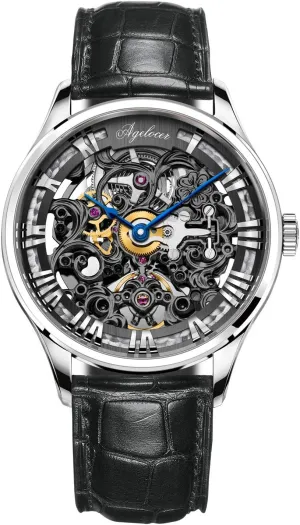 Luxury Leather Strap Watch AGELOCER Men's Stainless Steel Skeleton insulate imposition Mechanical Automatic 