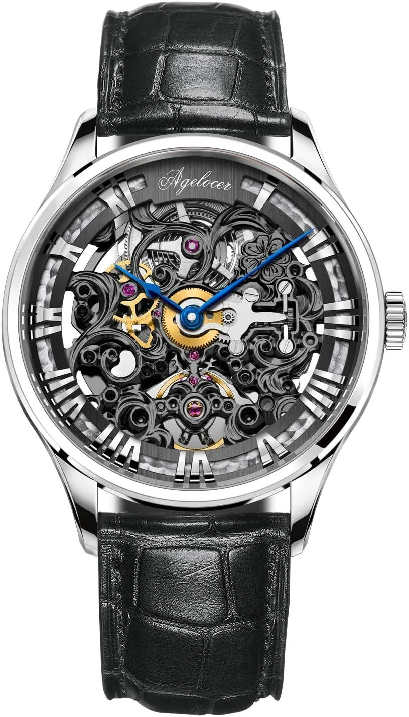 Luxury Leather Strap Watch AGELOCER Men's Stainless Steel Skeleton insulate imposition Mechanical Automatic 