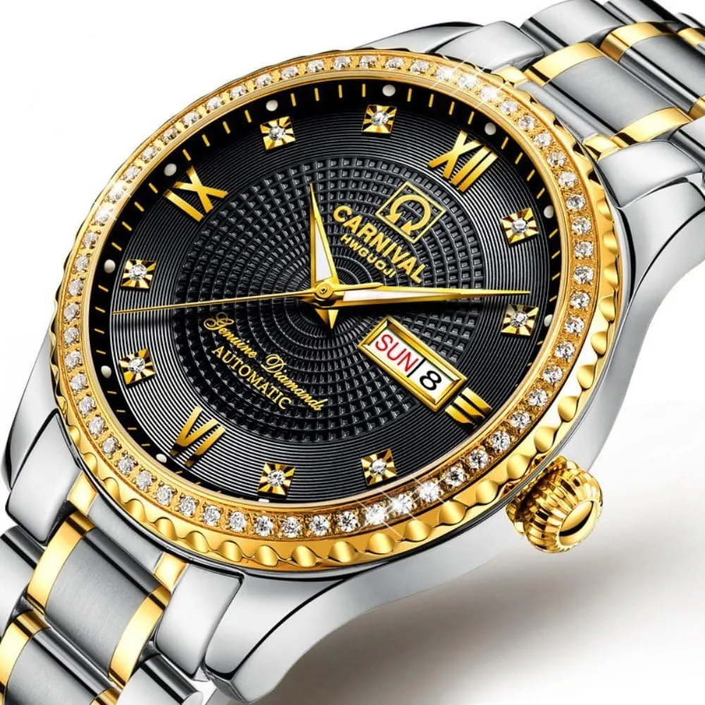 Luxury nonproductive useful Gold Watches,Automatic Analog Display Calendar Week Luminous Gold Stainless Diamond Watches Gosasa Swiss Made Men 
