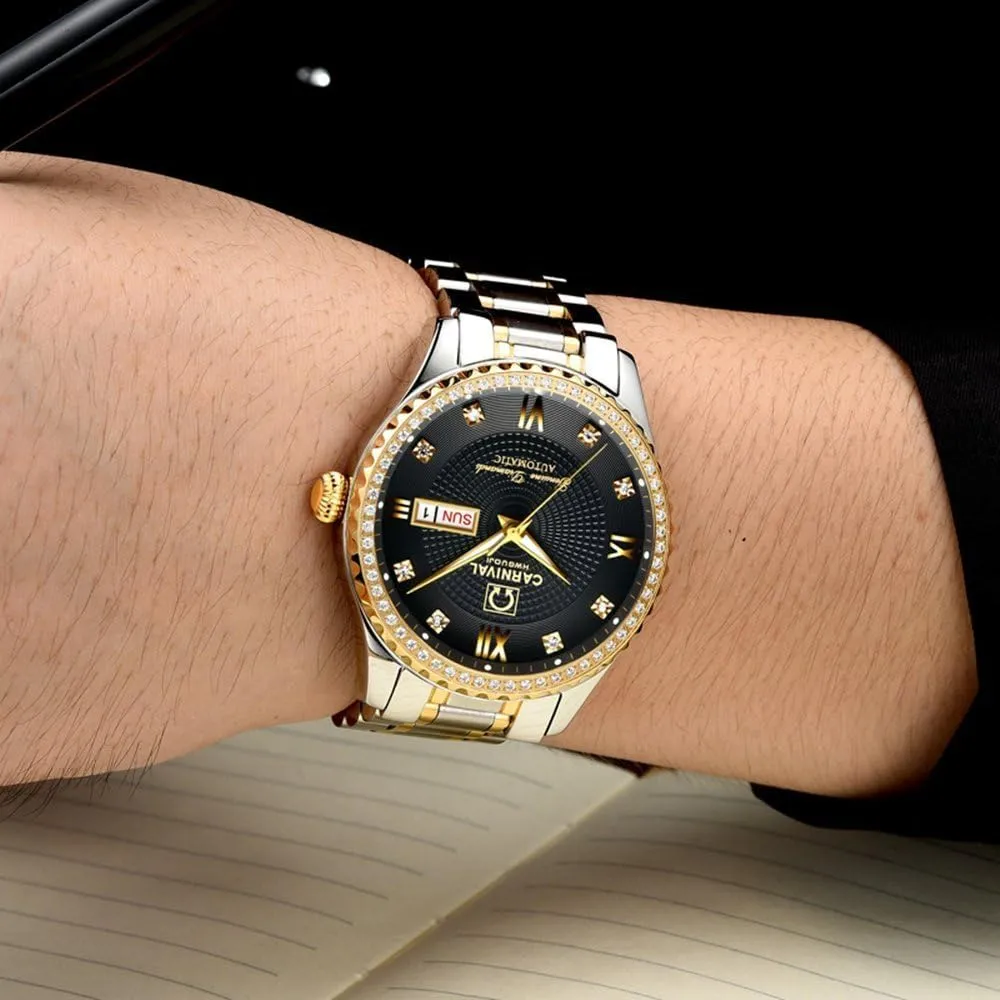 Luxury nonproductive useful Gold Watches,Automatic Analog Display Calendar Week Luminous Gold Stainless Diamond Watches Gosasa Swiss Made Men 