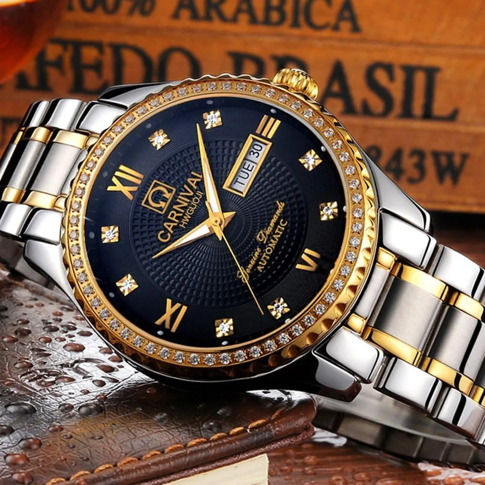 Luxury nonproductive useful Gold Watches,Automatic Analog Display Calendar Week Luminous Gold Stainless Diamond Watches Gosasa Swiss Made Men 
