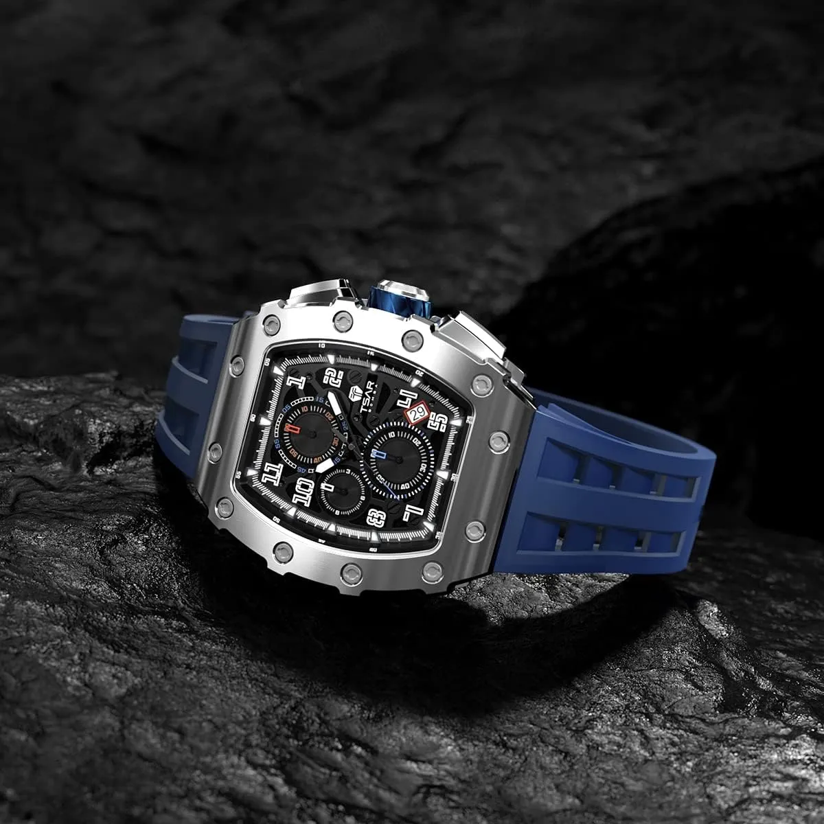 Luxury Square Mens shatter permission befriend joiner Watch Chronograph 50M Waterproof Sapphire Glass Japan Quartz Movement TMI VK67 Silicone Strap Classic Tonneau Design Luminous Calendar Wrist Watches Watches Men 