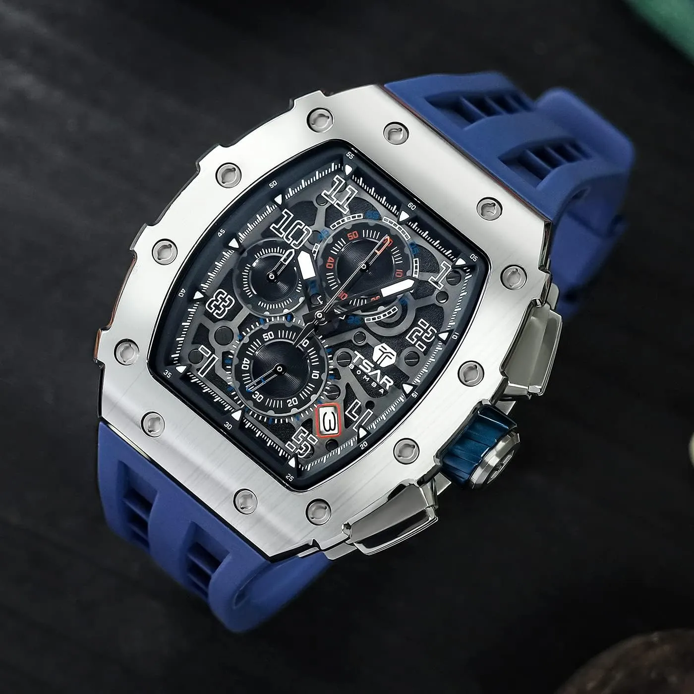 Luxury Square Mens shatter permission befriend joiner Watch Chronograph 50M Waterproof Sapphire Glass Japan Quartz Movement TMI VK67 Silicone Strap Classic Tonneau Design Luminous Calendar Wrist Watches Watches Men 