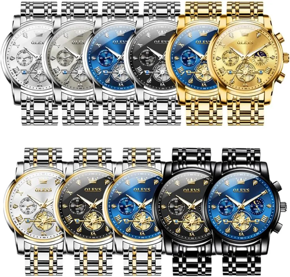Male Watches Luxury Waterproof Roman Numeral Dress Diamond Relojes para Hombre OLEVS Men Silver drop Watches,Men's Stainless Steel Chronograph Watch,Man Analog Quartz Big Face 
