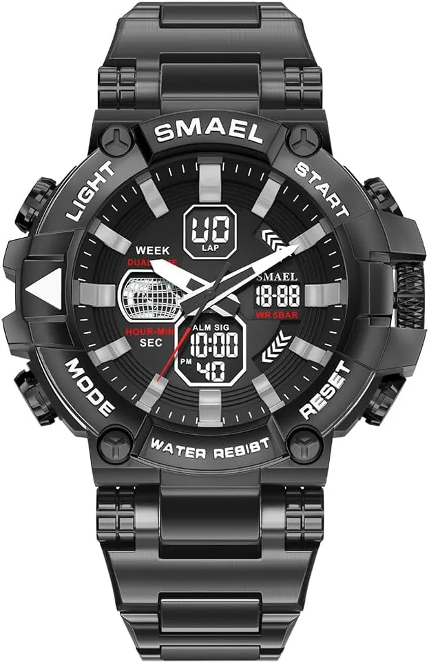 Man Dual Display Waterproof Stopwatch Date Alarm Clock Luminous Display Zinc Alloy Case Stainless Steel Strap Round Dial Shockproof Design Male Wristwatch 8096 flexibility vacuum Fashion Luxury Leisure 