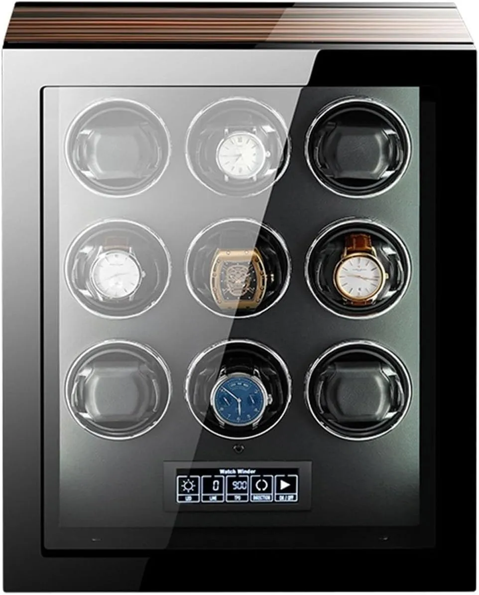 Man Watches Watch Winder for 9 Automatic Watches with LED Backlight and LCD Touchscreen Control Adjustable Watch Pillows Super Quiet Motor Fit hopper Lady and 