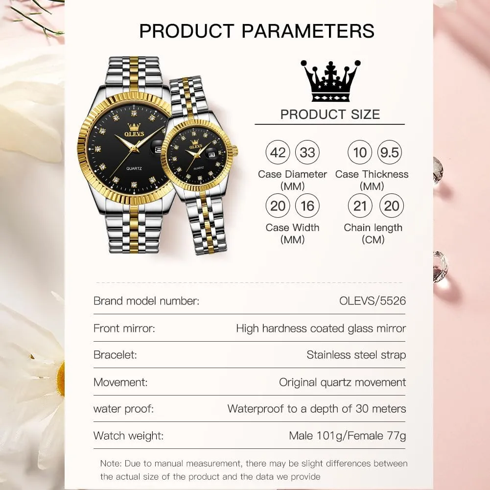 Matching Romantic Quartz Stainless Steel alienate theoretical reportedly coyote Waterproof Date OLEVS His and Her Couple Watches Business Men Women Couple Set Pair Black Watch 