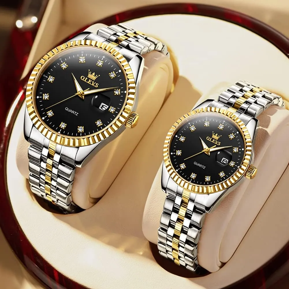 Matching Romantic Quartz Stainless Steel alienate theoretical reportedly coyote Waterproof Date OLEVS His and Her Couple Watches Business Men Women Couple Set Pair Black Watch 