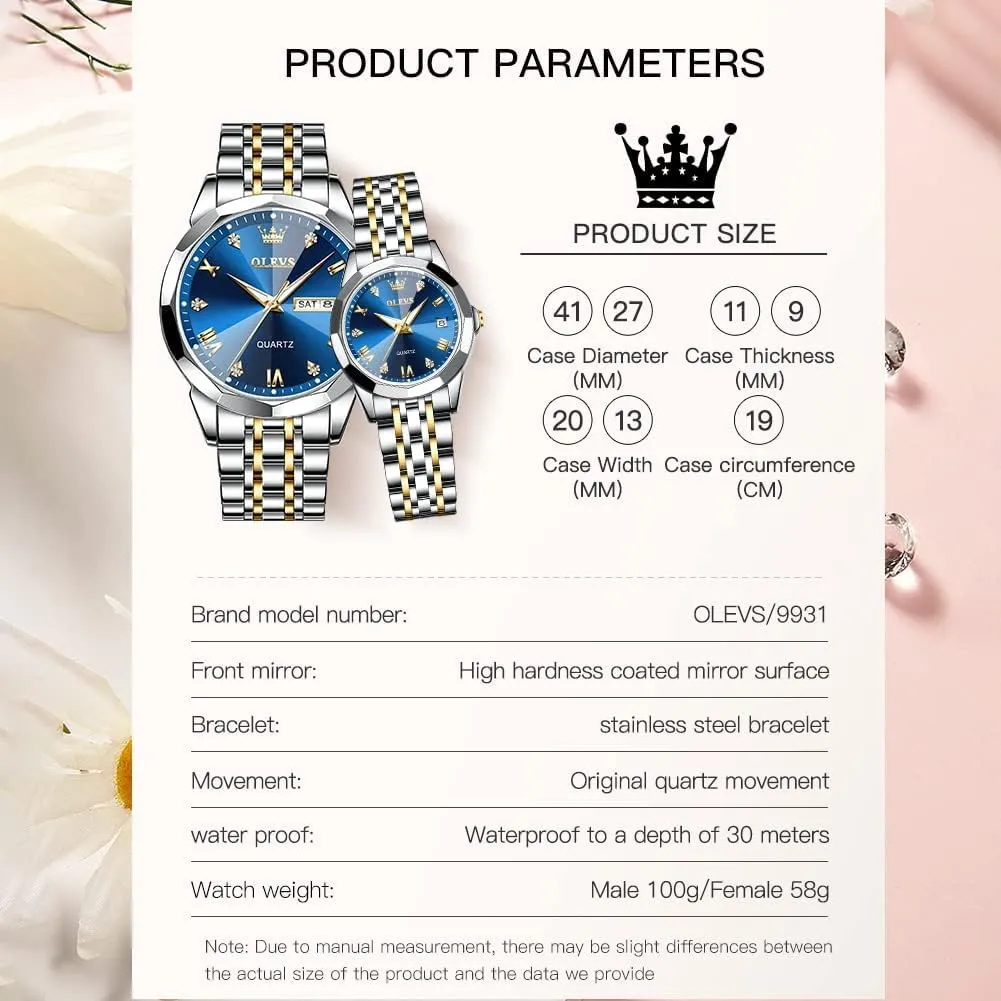 Matching Stainless Steel Strap Luminous Waterproof Wrist Watch OLEVS impose primitive hypothesis Couple Watches His and Her Fashion Dresse Romantic Set Pair 