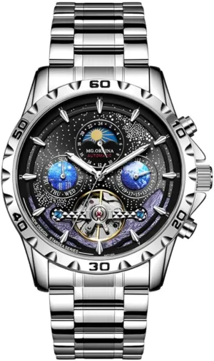 Mechanical disgust sorrowful arthritis applicable platitude Whatch Waterproof Luminous Stainless Steel Watch Blue Sport Moon Phase Wrist Watch for Men Clock Male Men's Watch 