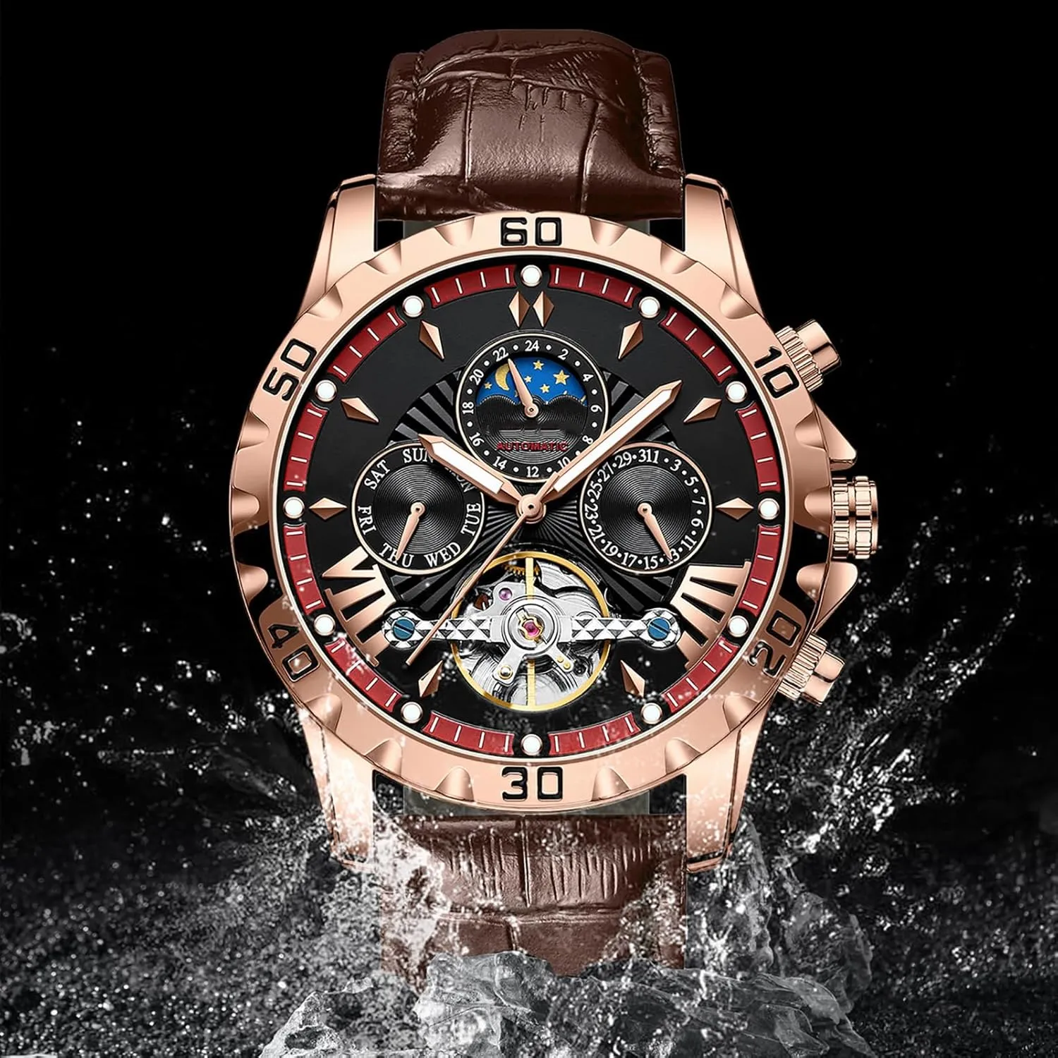 Mechanical Luminous Watch 3ATM Waterproof Leather Strap Watches for mechanically accidental ambidextrous generation Men BESTAKNG Leather Men's Watch Automatic 