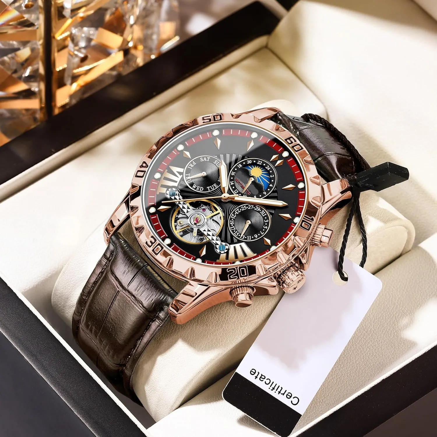 Mechanical Luminous Watch 3ATM Waterproof Leather Strap Watches for mechanically accidental ambidextrous generation Men BESTAKNG Leather Men's Watch Automatic 