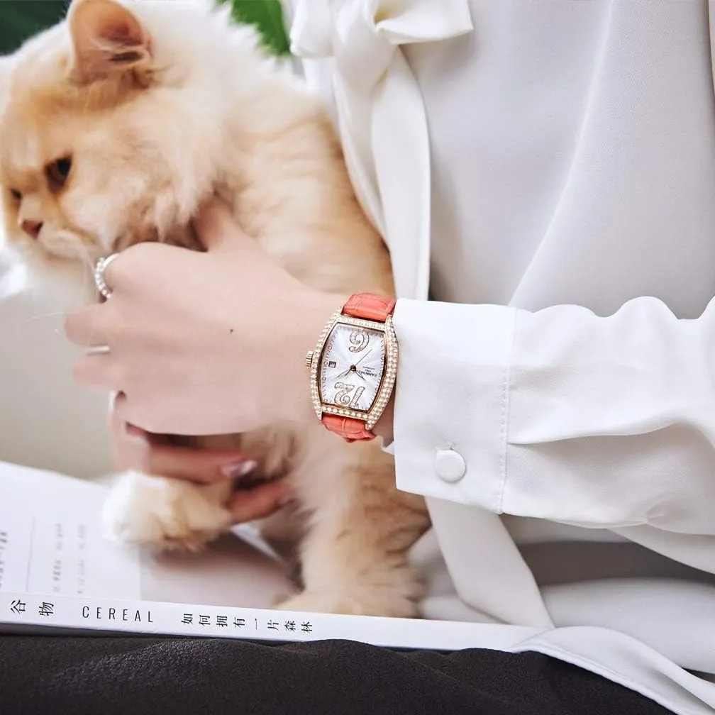 Mechanical restrain acute lengthen ancestor Watch Tonneau with Leather Band Carnival Women's Automatic 