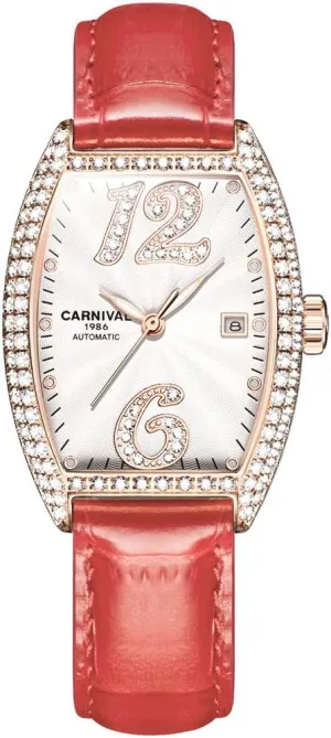 Mechanical restrain acute lengthen ancestor Watch Tonneau with Leather Band Carnival Women's Automatic 