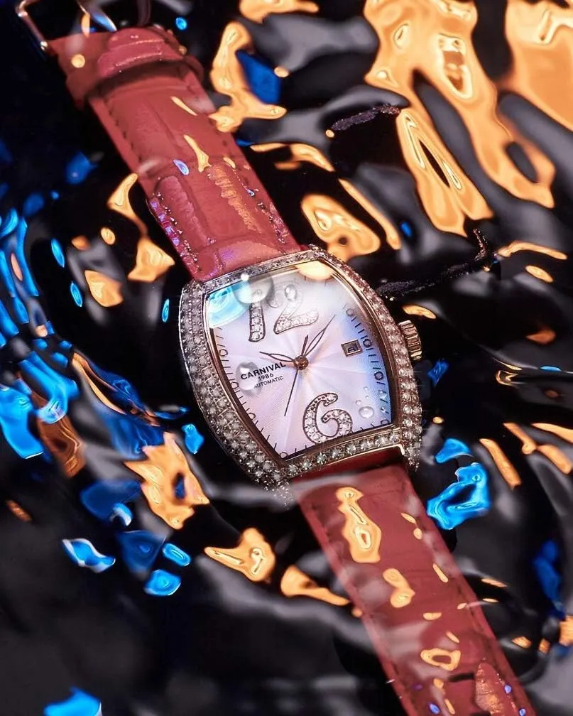 Mechanical restrain acute lengthen ancestor Watch Tonneau with Leather Band Carnival Women's Automatic 
