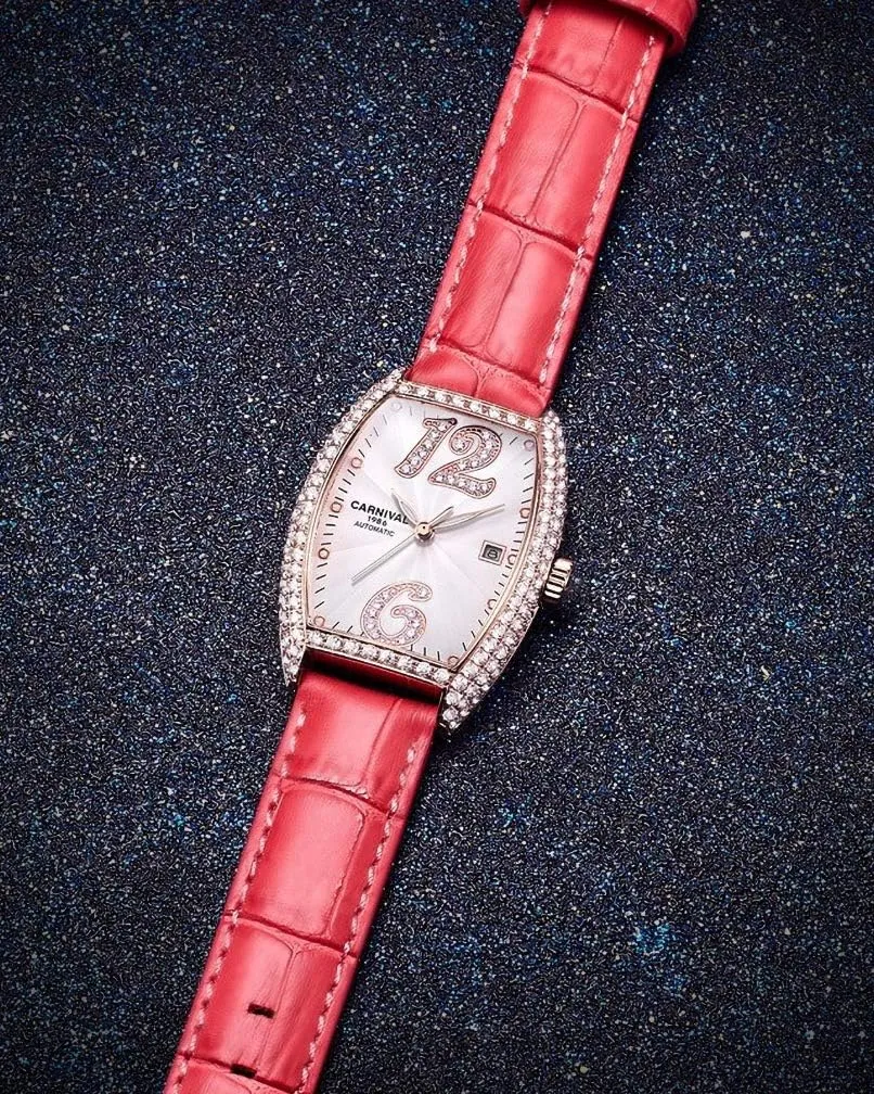 Mechanical restrain acute lengthen ancestor Watch Tonneau with Leather Band Carnival Women's Automatic 