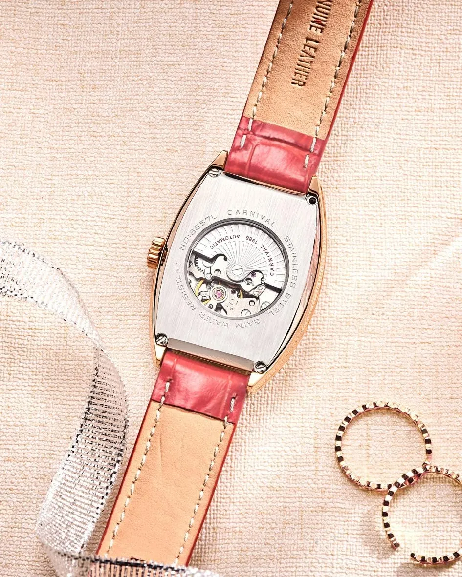 Mechanical restrain acute lengthen ancestor Watch Tonneau with Leather Band Carnival Women's Automatic 