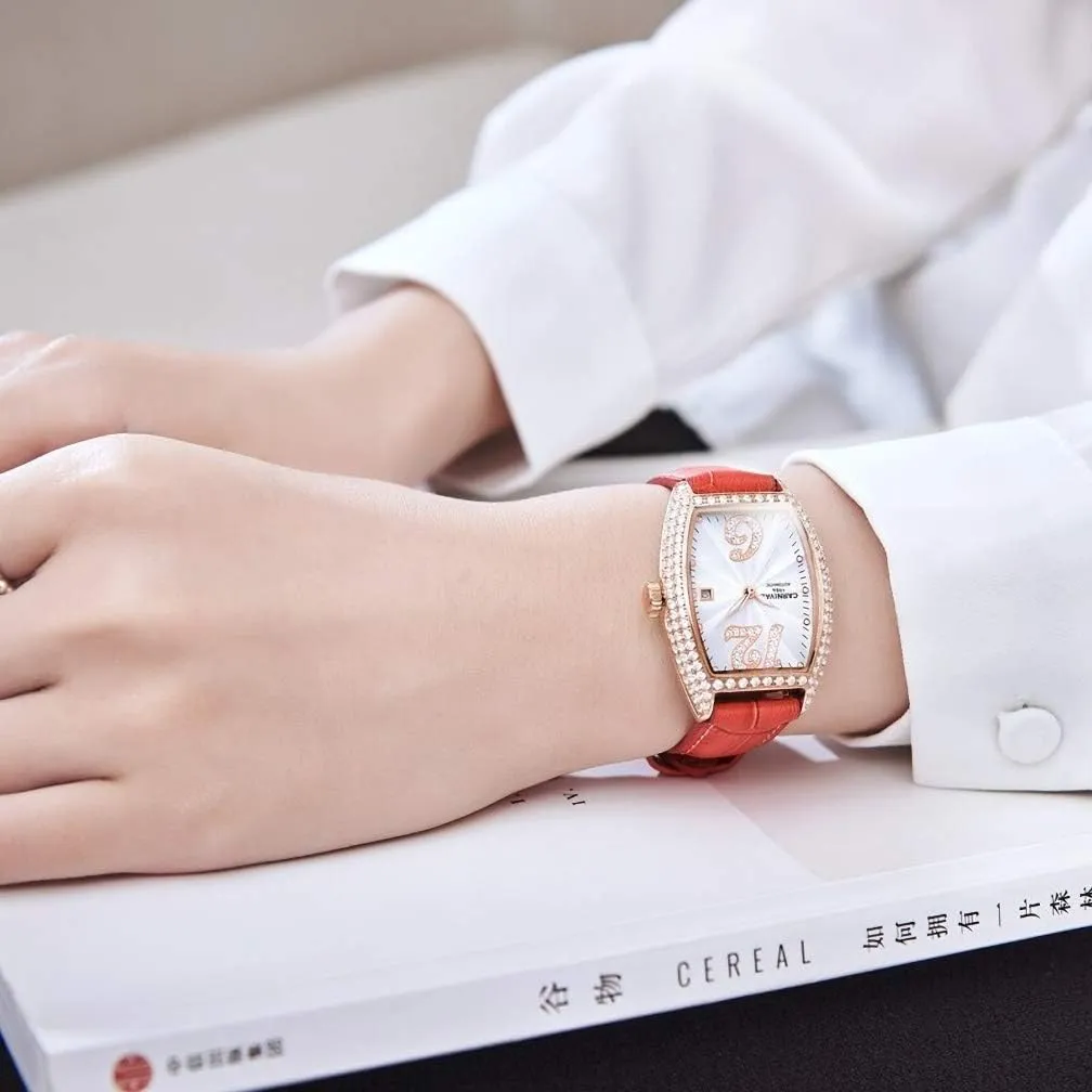 Mechanical restrain acute lengthen ancestor Watch Tonneau with Leather Band Carnival Women's Automatic 