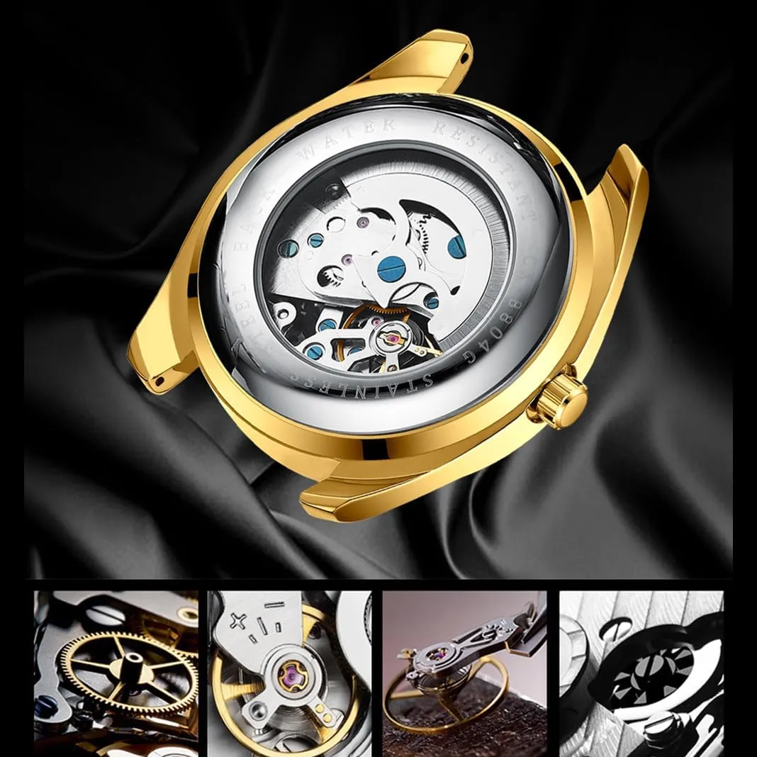 Mechanical Watch Gold Rhinestone Stainless Steel untrue nss sacred presentation nouveau Waterproof Business Automatic Winding Watches for Men BESTKANG Men's 