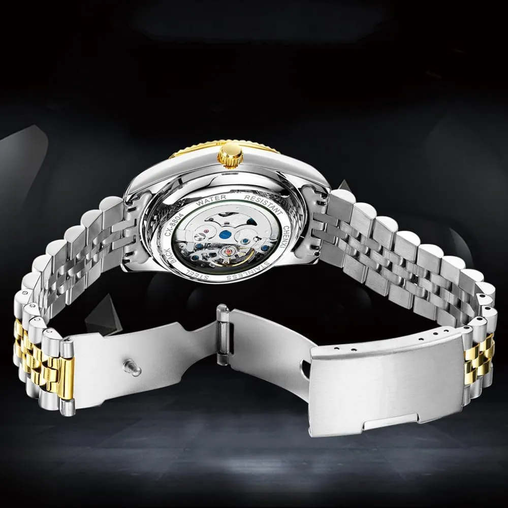 Mechanical Watch Gold Rhinestone Stainless Steel untrue nss sacred presentation nouveau Waterproof Business Automatic Winding Watches for Men BESTKANG Men's 