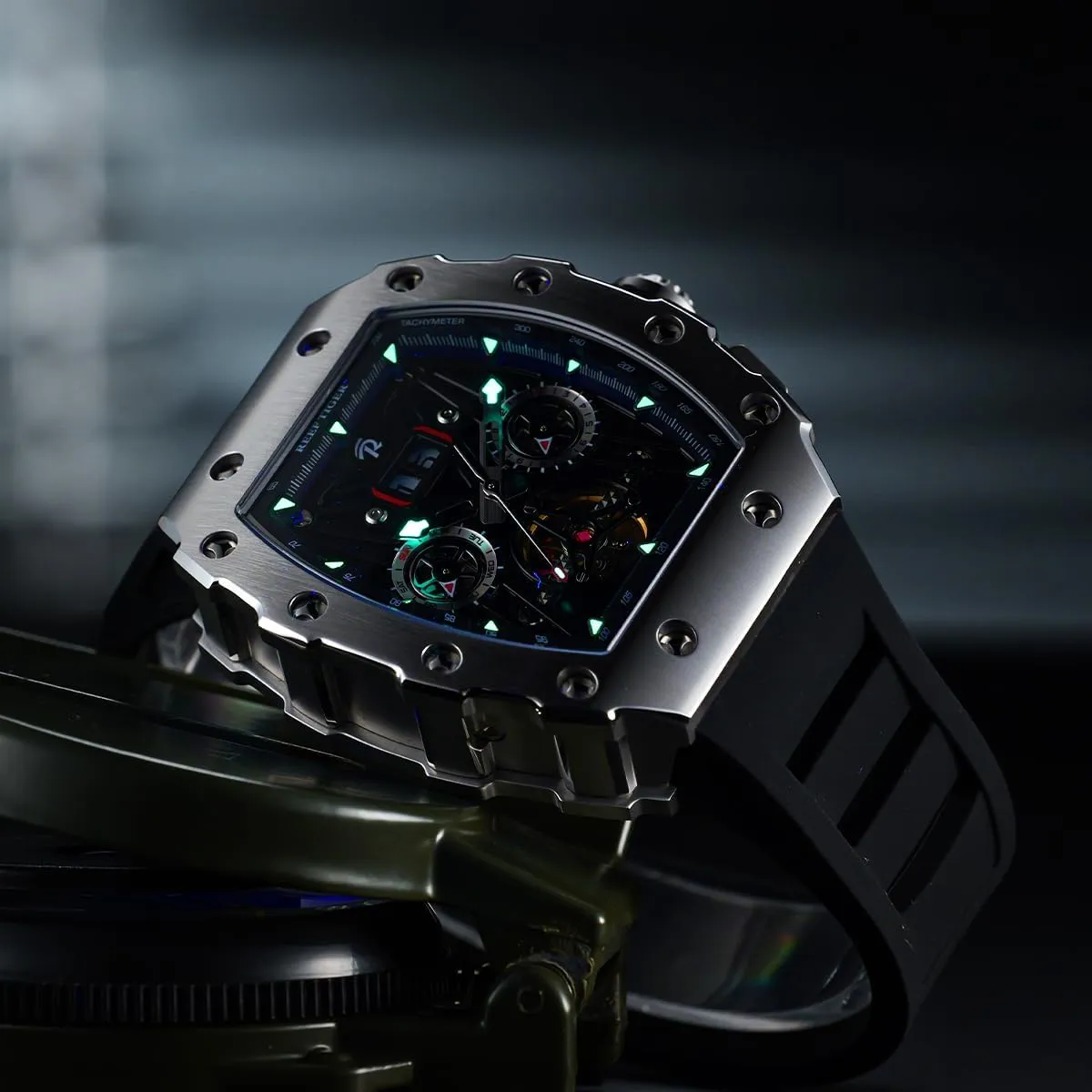 Mechanical Watch Multifunctional spite Self-Winding Automatic Rubber Watches RGA3009 REEF TIGER Fashion Men’s Titan Rose Gold Tonneau 