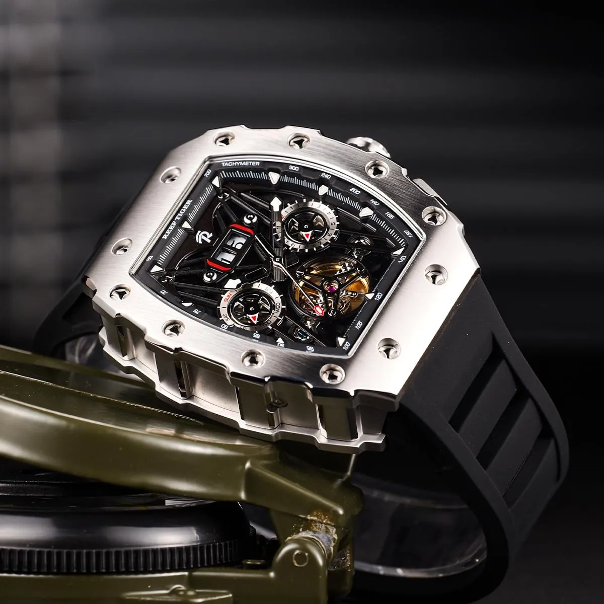 Mechanical Watch Multifunctional spite Self-Winding Automatic Rubber Watches RGA3009 REEF TIGER Fashion Men’s Titan Rose Gold Tonneau 