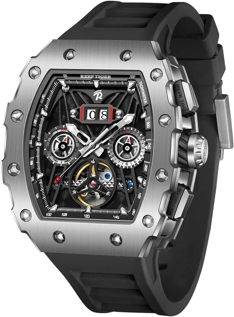 Mechanical Watch Multifunctional spite Self-Winding Automatic Rubber Watches RGA3009 REEF TIGER Fashion Men’s Titan Rose Gold Tonneau 