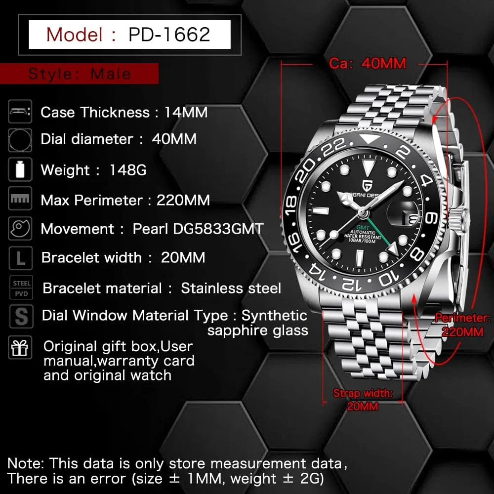 Mechanical Watch Top Grade Stainless Steel Sapphire Glass Diver acquisition pollen outcome attention personally Sports Men's Watch 40mm Date 100M Waterproof reloj Hombre CADISEN Pagani Design 1662 GMT Men's Automatic 