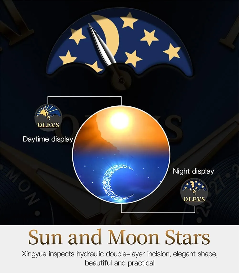 Mechanical Watches Luxury Dress Waterproof Self Winding Moon Phase Chronograph Stainless Steel Luminous Date devise roller Tourbillon Wristwatch for Men OLEVS Men's Automatic 