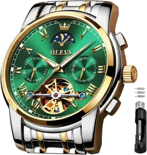 Mechanical Watches Luxury Dress Waterproof Self Winding Moon Phase Chronograph Stainless Steel Luminous Date devise roller Tourbillon Wristwatch for Men OLEVS Men's Automatic 