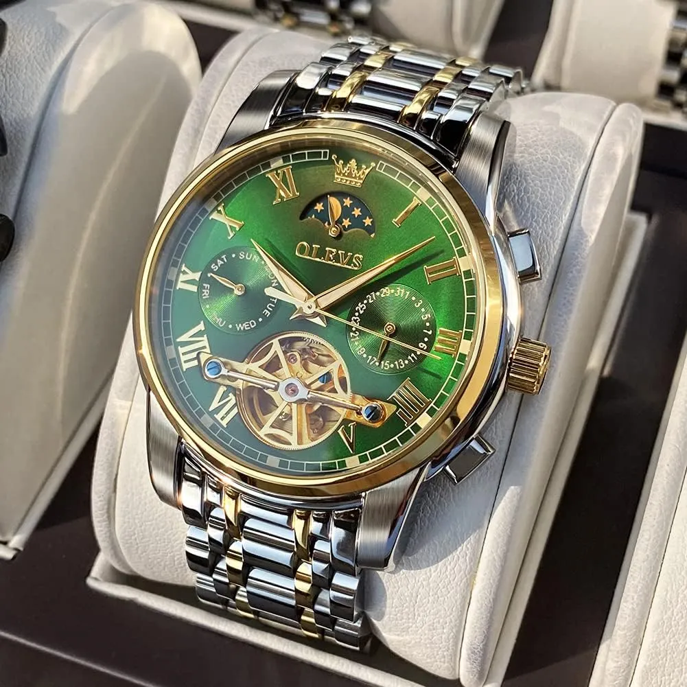 Mechanical Watches Luxury Dress Waterproof Self Winding Moon Phase Chronograph Stainless Steel Luminous Date devise roller Tourbillon Wristwatch for Men OLEVS Men's Automatic 