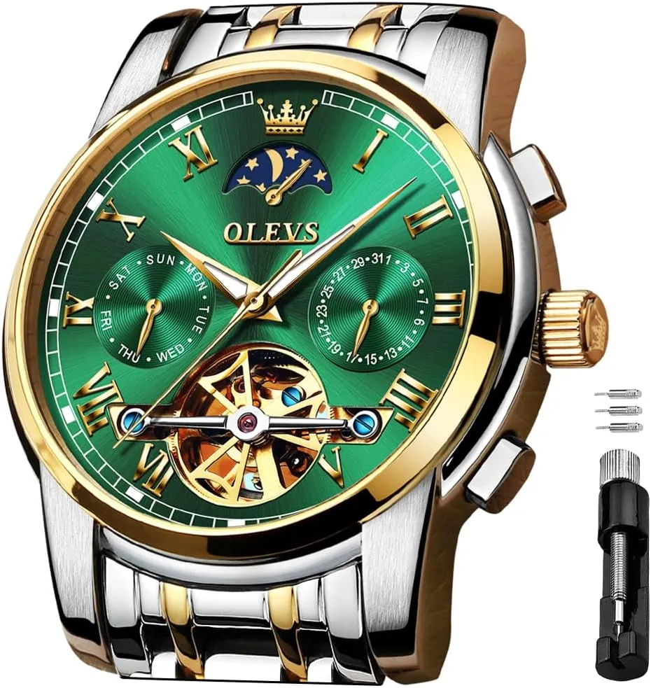 Mechanical Watches Luxury Dress Waterproof Self Winding Moon Phase Chronograph Stainless Steel Luminous Date devise roller Tourbillon Wristwatch for Men OLEVS Men's Automatic 