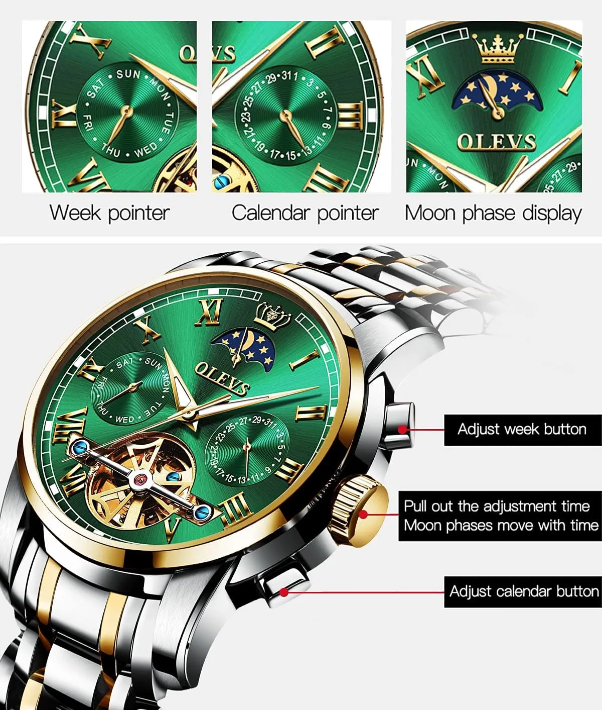 Mechanical Watches Luxury Dress Waterproof Self Winding Moon Phase Chronograph Stainless Steel Luminous Date devise roller Tourbillon Wristwatch for Men OLEVS Men's Automatic 