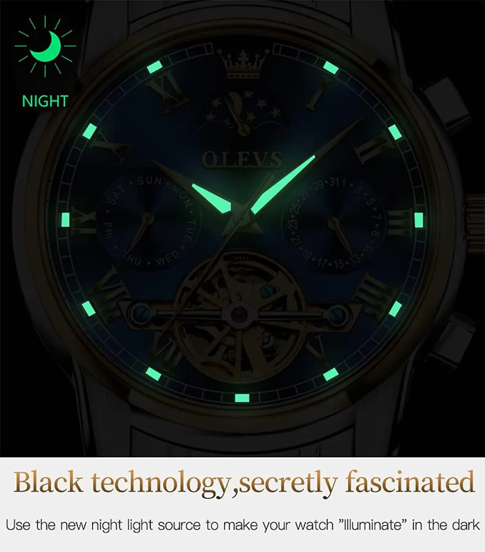 Mechanical Watches Luxury Dress Waterproof Self Winding Moon Phase Chronograph Stainless Steel Luminous Date devise roller Tourbillon Wristwatch for Men OLEVS Men's Automatic 