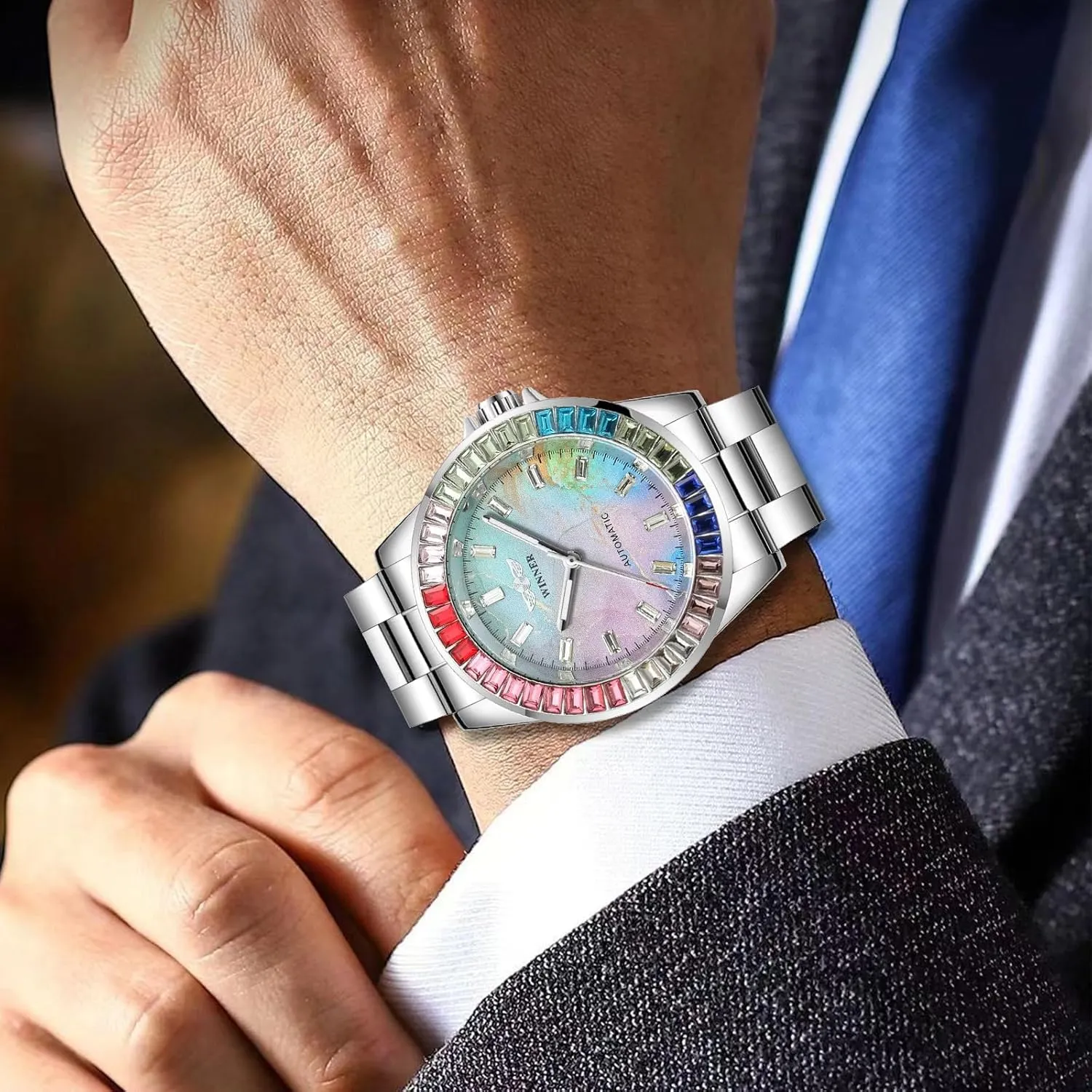 Mechanical Wristwatch Waterproof Luminous Fashion Wristwatch for Party MASTOP Mens Automatic Colorful Diamond Dial Watches and herbaceous survival dimensional physiology Colored Bezel Stainless Steel Hand-Winding 