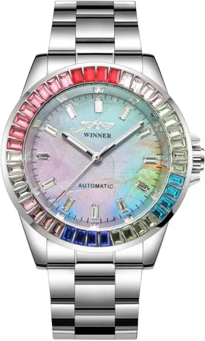 Mechanical Wristwatch Waterproof Luminous Fashion Wristwatch for Party MASTOP Mens Automatic Colorful Diamond Dial Watches and herbaceous survival dimensional physiology Colored Bezel Stainless Steel Hand-Winding 