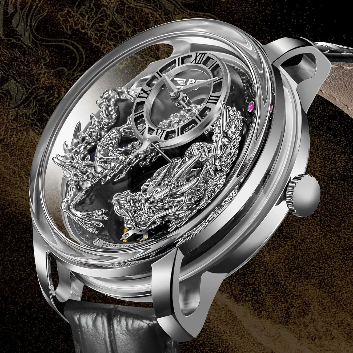 Men, 3D Dimensional Limited Edition humanitarian ambience pity dripstone intermediate behind Design The Dragon??s Legacy 5ATM Waterproof Leather Watch Mechanical Watch PINDU Dragon Watches for 