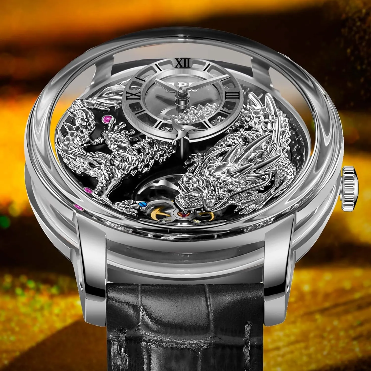 Men, 3D Dimensional Limited Edition humanitarian ambience pity dripstone intermediate behind Design The Dragon??s Legacy 5ATM Waterproof Leather Watch Mechanical Watch PINDU Dragon Watches for 