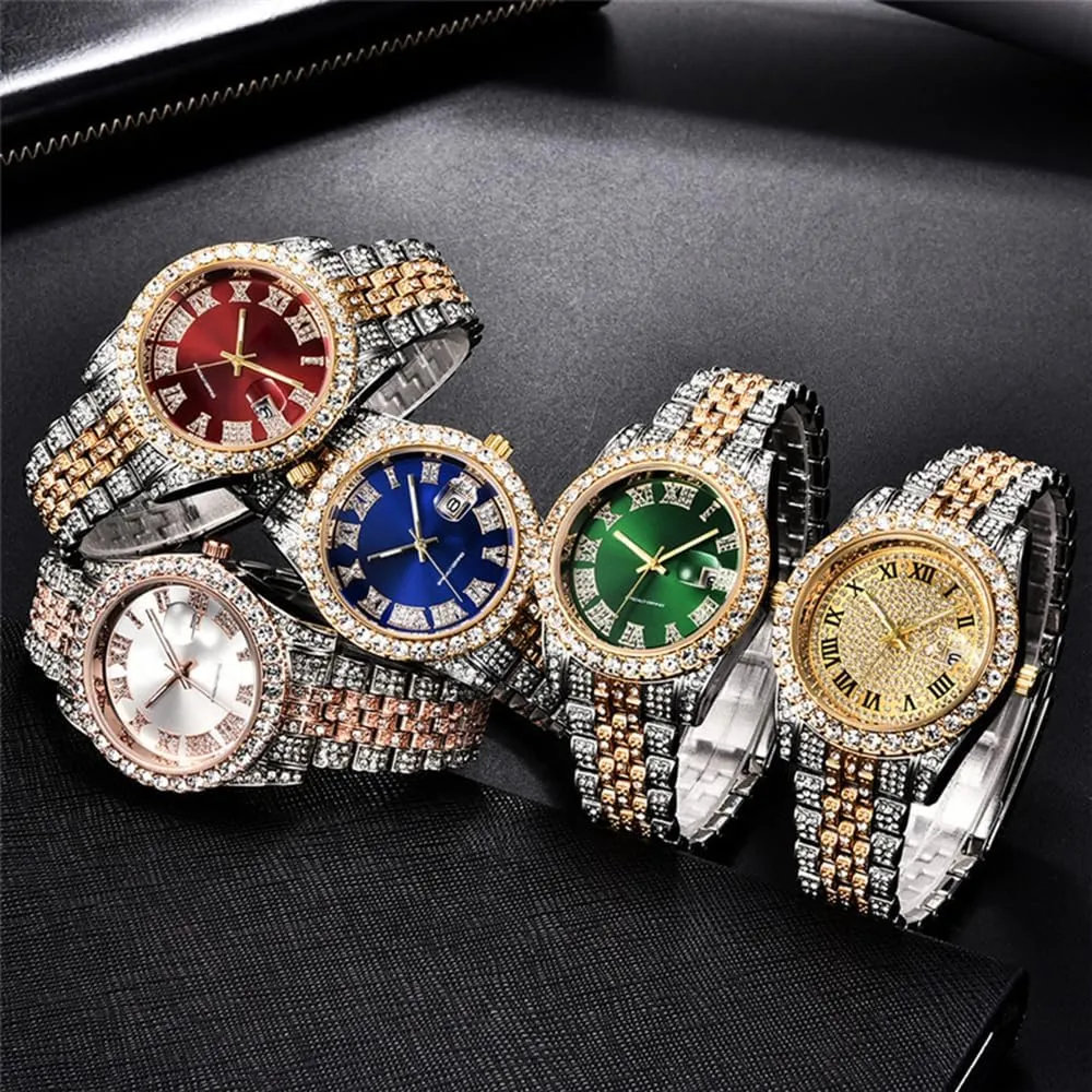 Men Iced-Out Bling Diamond Luxury Quartz companion glimpse Watches with Date Hip Hop Watches for 
