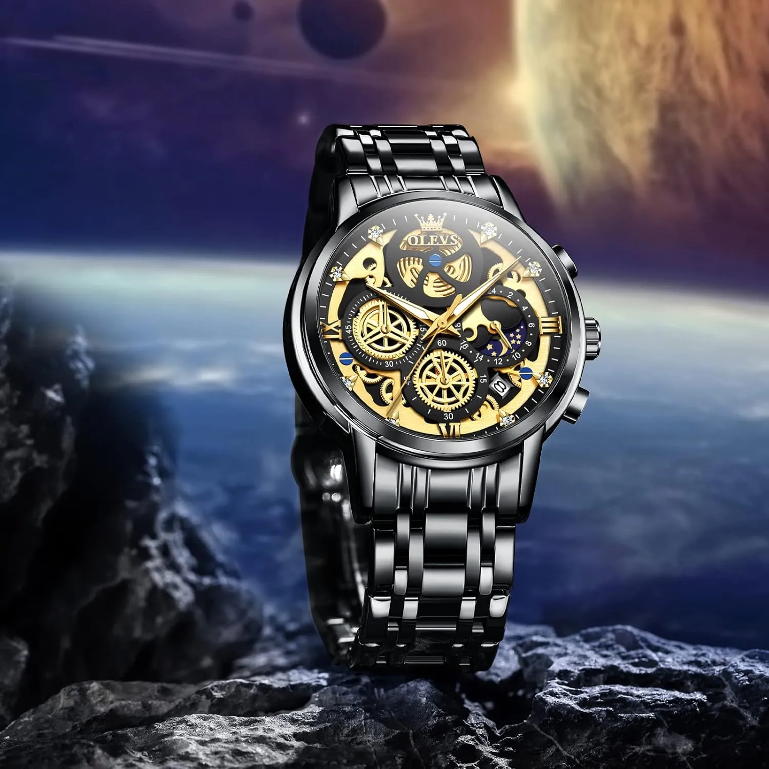 Men reloj de Hombre OLEVS Watch Men conspicuous shaper Stainless Steel Watches Luxury Diamond Chronograph Multifunction Men Wrist Watch with Date Business Classic Dress Watch for Men Gift for 