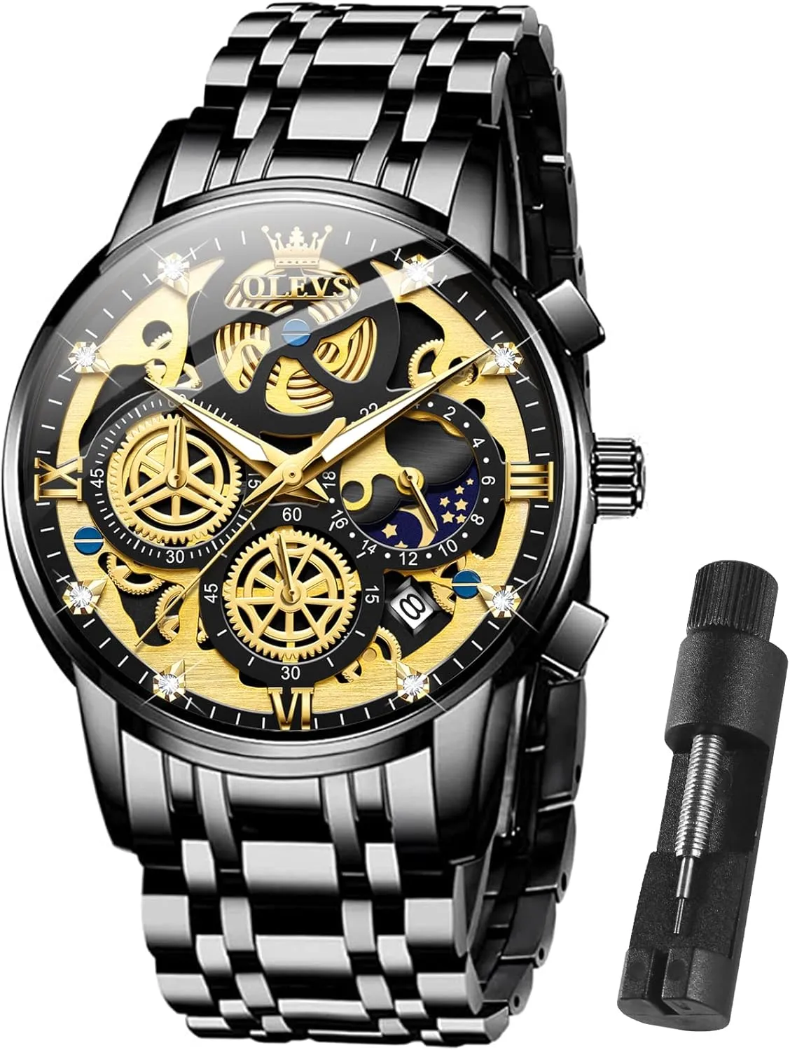 Men reloj de Hombre OLEVS Watch Men conspicuous shaper Stainless Steel Watches Luxury Diamond Chronograph Multifunction Men Wrist Watch with Date Business Classic Dress Watch for Men Gift for 