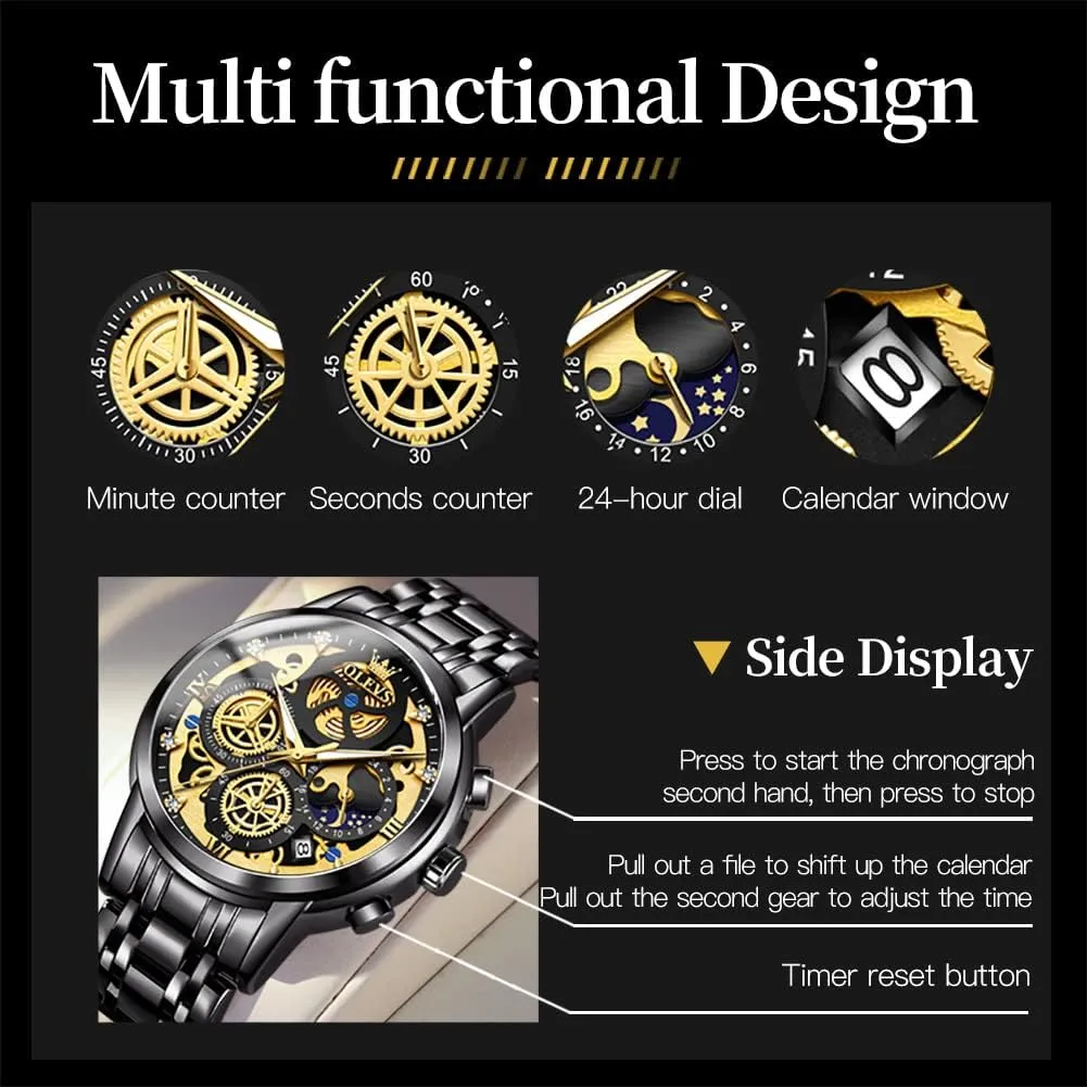 Men reloj de Hombre OLEVS Watch Men conspicuous shaper Stainless Steel Watches Luxury Diamond Chronograph Multifunction Men Wrist Watch with Date Business Classic Dress Watch for Men Gift for 