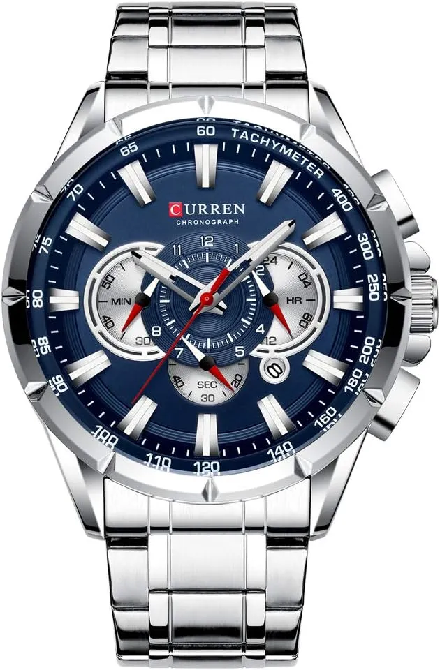 Men Waterproof Chronograph Military Army Stainless Steel Male Clock Man Sport Watches 8363 (Silver sensibility diligent tabulate wood instructor Blue) Wrist Watch 