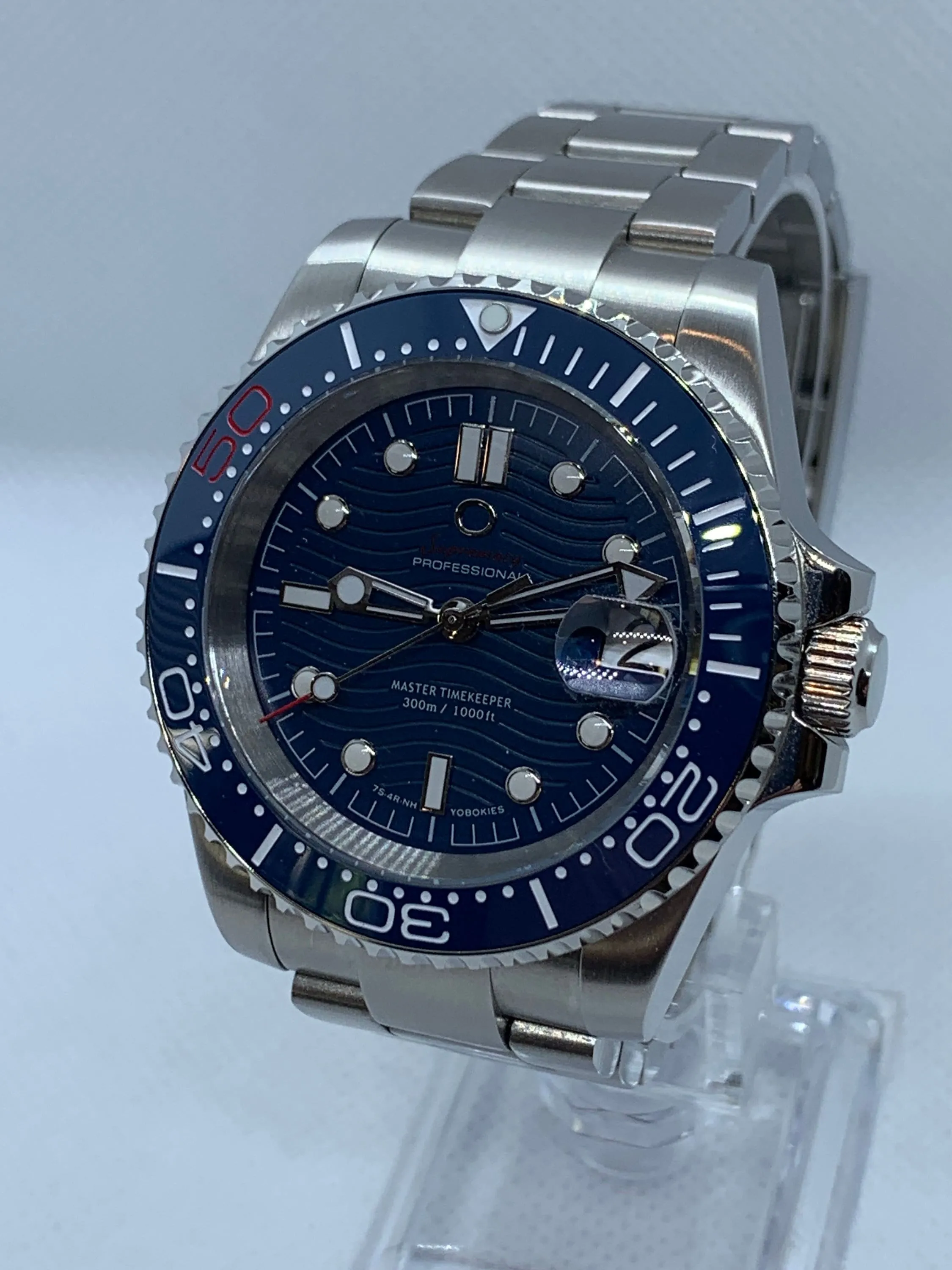 Men's 40MM Submariner Style Watch with Blue Wave Dial, Seiko NH35 Automatic Movement, Sapphire Crystal